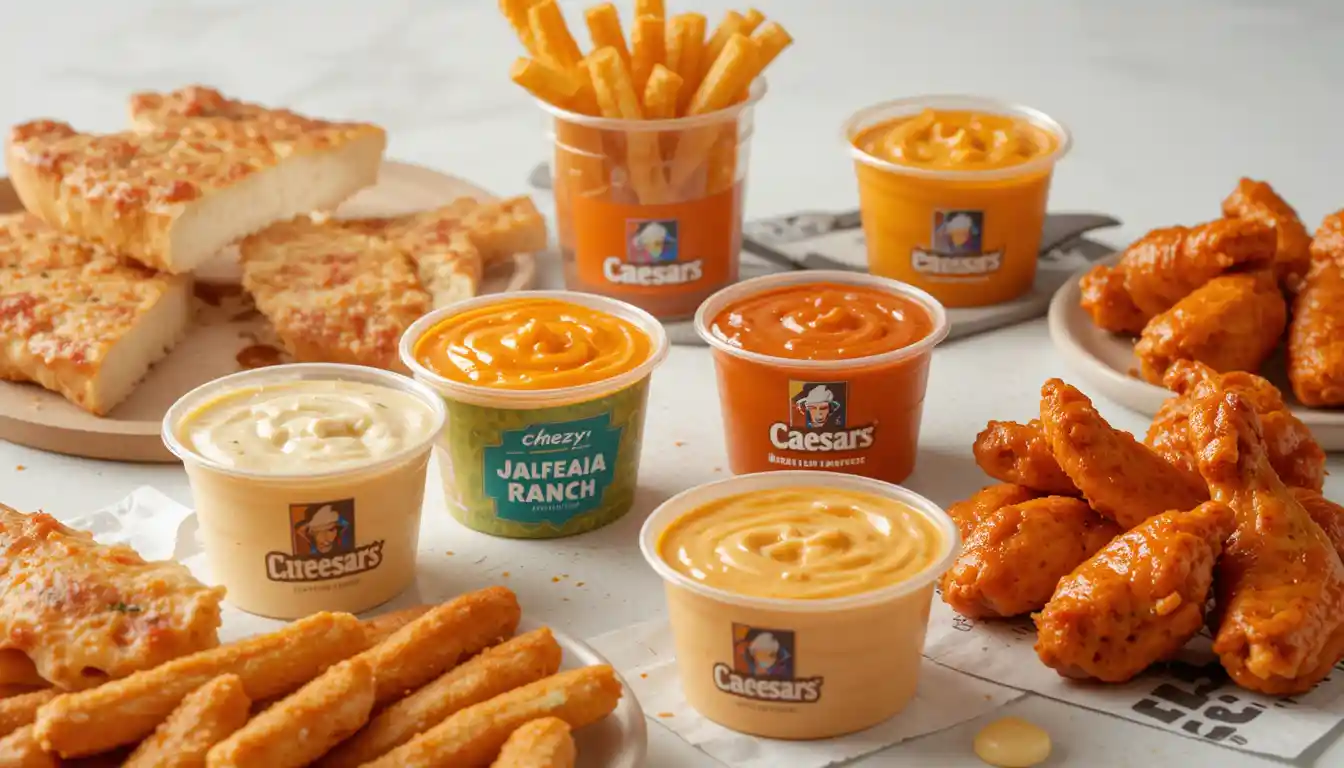 Little Caesars Dips 2025 | Flavors, Pairings & Prices 1 "Little Caesars dips including Cheezy Jalapeño, Ranch, and Garlic Butter served with Crazy Bread and visible Little Caesars logo"