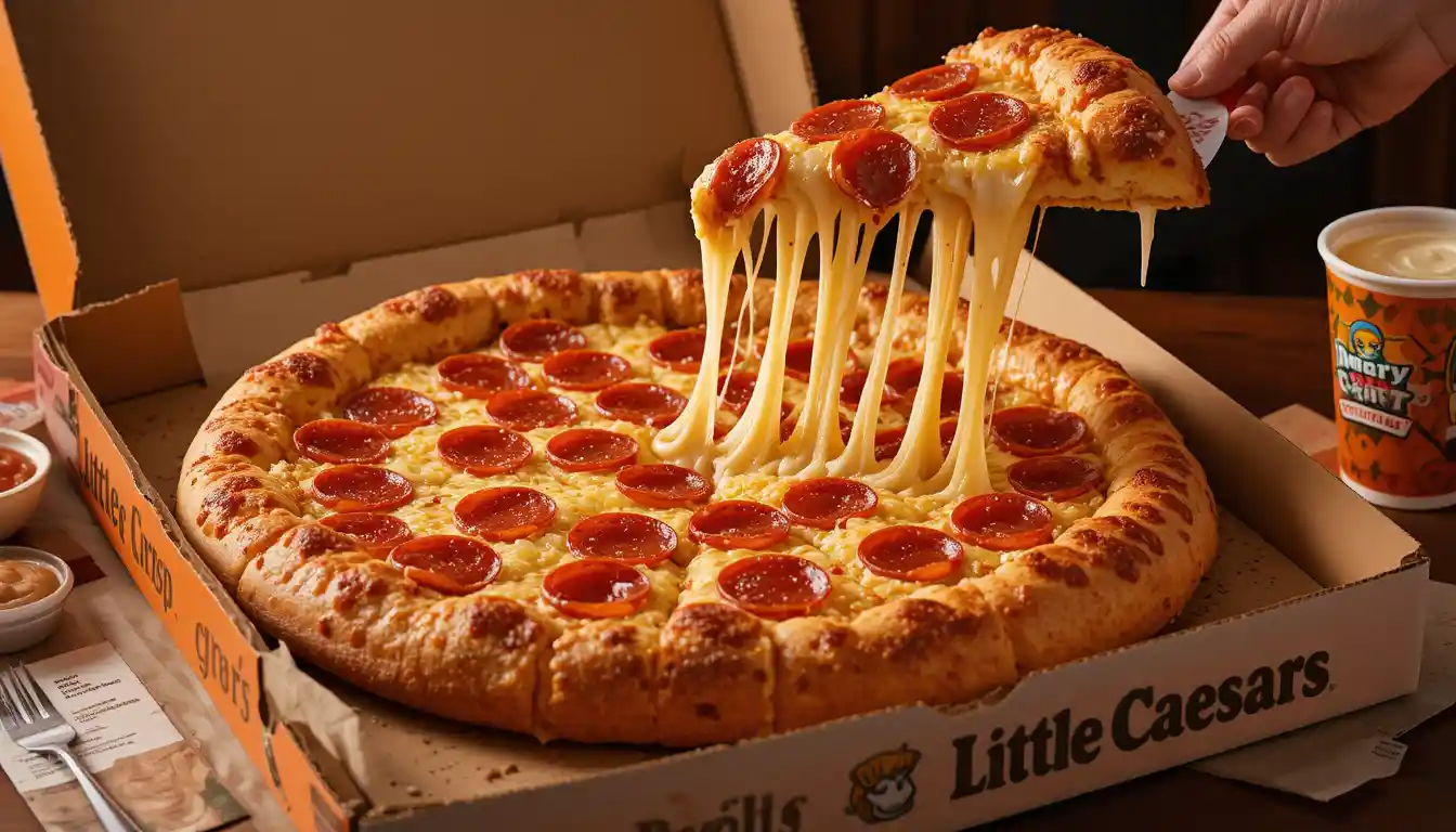 Little Caesars Double Pepperoni Crazy Crust Pizza 2025 1 "Little Caesars Double Pepperoni Crazy Crust Pizza with two types of pepperoni and seasoned crust in open branded box with visible Little Caesars logo"