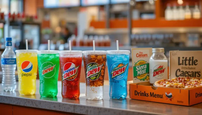 "Little Caesars Drinks Menu with fountain drinks, bottled sodas, and water displayed with branded cups and visible Little Caesars logo"