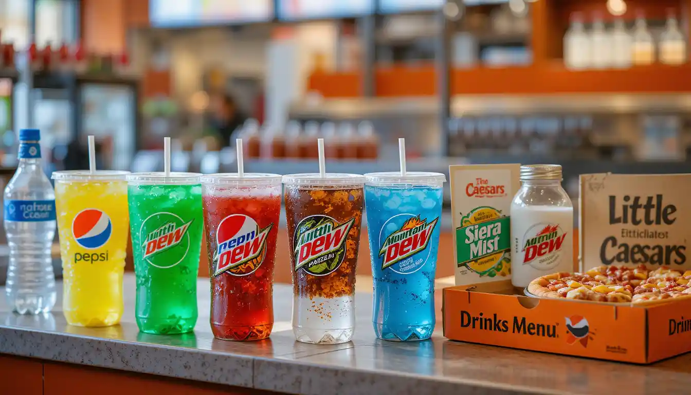 Little Caesars Drinks Menu 2025 | Sodas, Bottles & Sizes 1 "Little Caesars Drinks Menu with fountain drinks, bottled sodas, and water displayed with branded cups and visible Little Caesars logo"