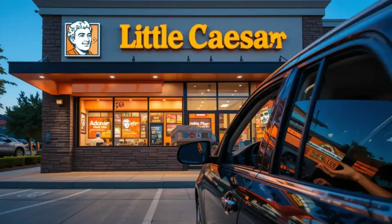 "Little Caesars Drive Thru with car receiving pizza at service window and visible Little Caesars logo on restaurant exterior