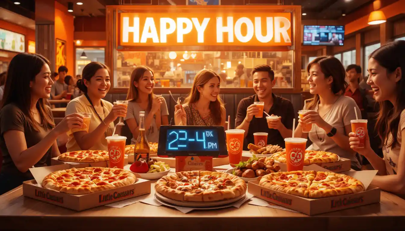 Little Caesars Happy Hour 2025: Deals, Times & Offers 1 "Little Caesars Happy Hour with discounted pizza, Crazy Bread, and drinks on table, Happy Hour sign and visible Little Caesars logo"