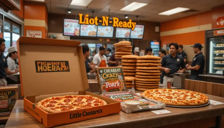 Little Caesars Hot and Ready Menu items including pepperoni pizza, cheese pizza, and Crazy Bread displayed at the counter with a visible Hot-N-Ready sign and branded packaging inside the restaurant.
