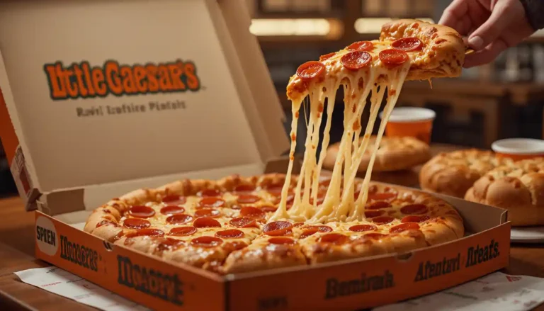 "Little Caesars large pizza with melted cheese and pepperoni in branded box, slice being lifted, with visible Little Caesars logo"