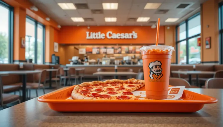 Little Caesars Lunch Combo with four slices of Deep!Deep! Dish pepperoni pizza and a 20 oz. drink on a branded tray inside the restaurant, with the Little Caesars logo and menu boards in the background.