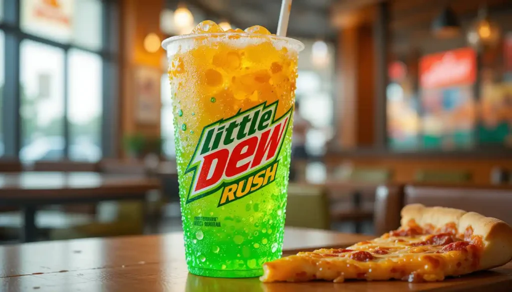 Cold and refreshing Little Caesars Mountain Dew Mango Rush served in a branded cup with tropical fizz, placed inside a Little Caesars restaurant.