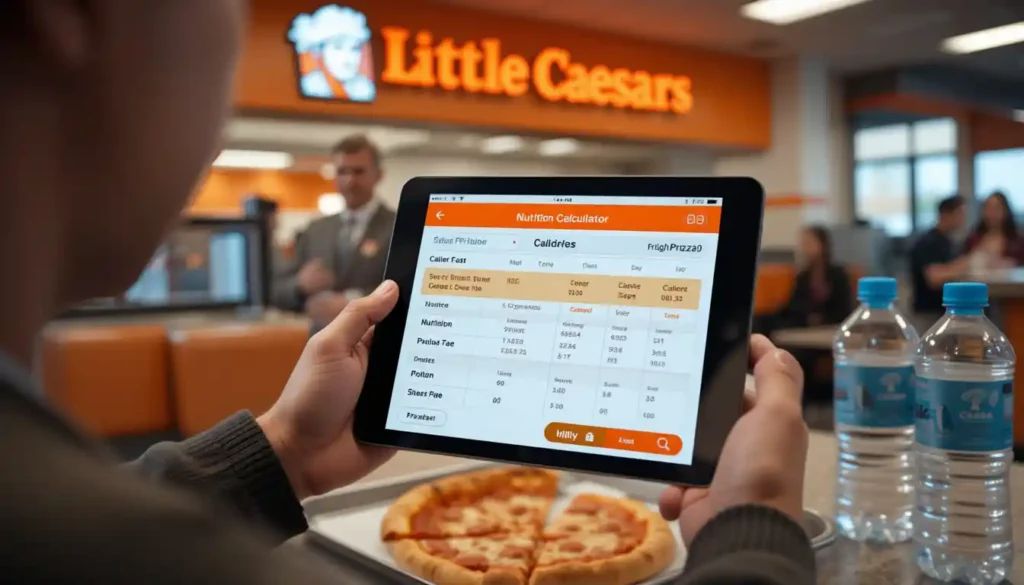 Little Caesars Nutrition Calculator on tablet with pizza slice and brand logo in restaurant