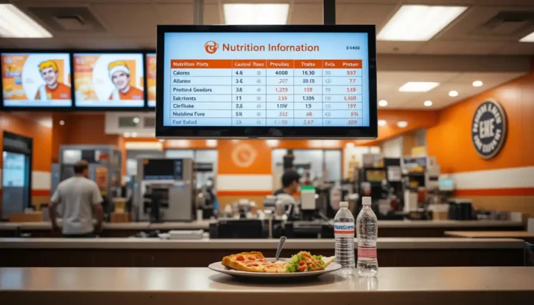 Little Caesars Nutrition Information chart on digital screen with pizza slice and brand logo in restaurant
