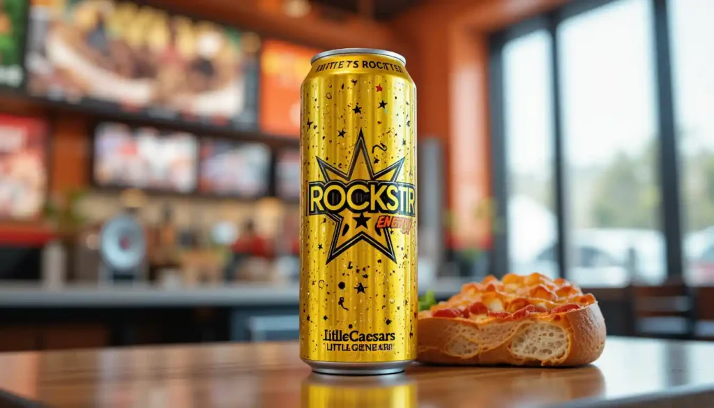 Chilled Little Caesars Rockstar Energy 16 oz can displayed on a table inside a restaurant, paired with fresh pizza for an energizing combo.
