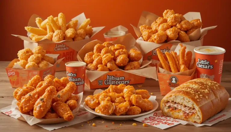"Little Caesars Sides Menu with Crazy Bread, wings, cheese bread, and dipping sauces in branded packaging with visible Little Caesars logo"