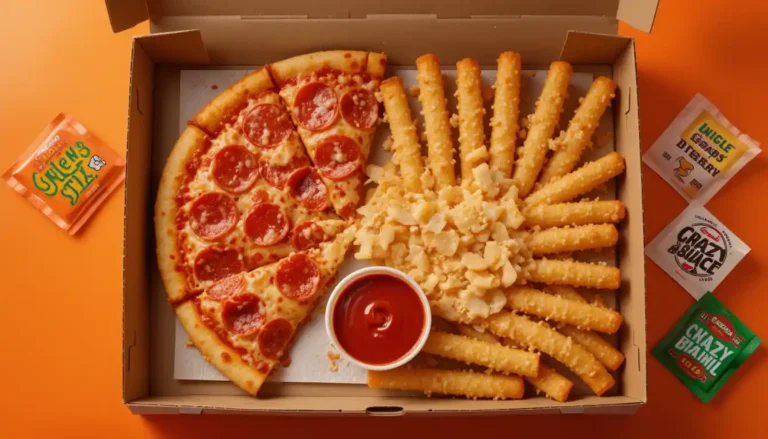 "Little Caesars Slices-N-Stix with pepperoni pizza slices and cheesy breadsticks in branded box with marinara dip and visible Little Caesars logo"