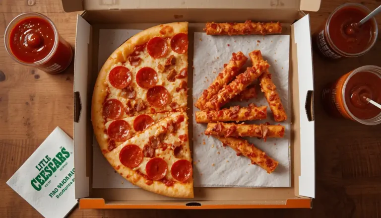 "Little Caesars Slices-N-Stix Bacon with half pepperoni pizza and half bacon cheese sticks served in open box with visible Little Caesars logo"