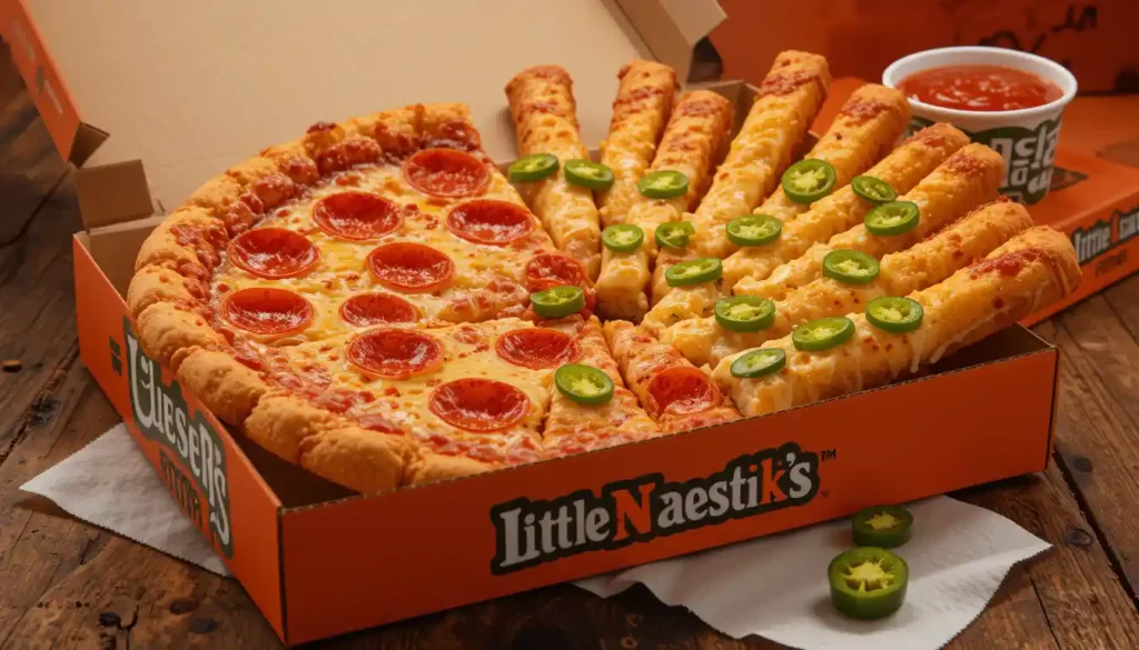 "Little Caesars Slices-N-Stix Jalapeño with pepperoni pizza slices and jalapeño-topped cheesy breadsticks in open box with visible Little Caesars logo.