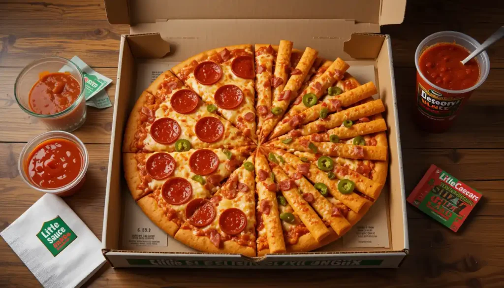 "Little Caesars Slices-N-Stix Jalapeño Bacon with pepperoni pizza slices and cheesy breadsticks topped with jalapeños and bacon in open box with visible Little Caesars logo"