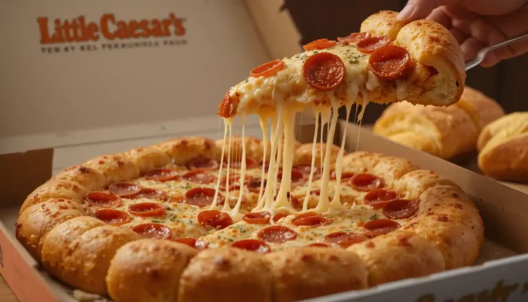 "Little Caesars Stuffed Crazy Crust Pepperoni Pizza with cheese-filled, seasoned crust and melted cheese stretch in branded box with visible Little Caesars logo"