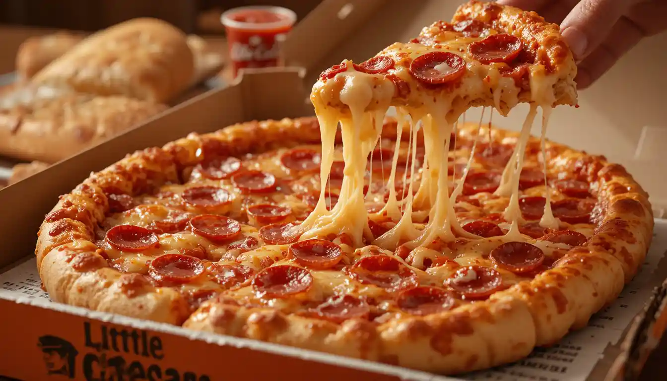 Little Caesars Stuffed Crust Pepperoni Price & Calories 2025 1 "Little Caesars Stuffed Crust Pepperoni Pizza with cheese-filled crust and melted cheese stretch, served in branded box with visible Little Caesars logo"