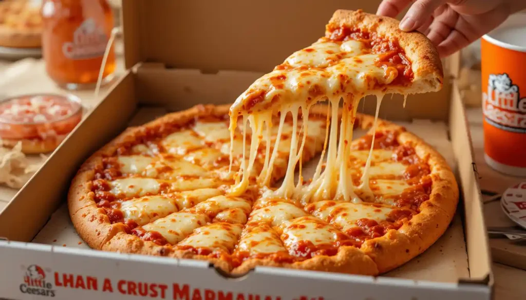 "Little Caesars Thin Crust Cheese Pizza with golden melted cheese and crispy crust in open branded box with visible Little Caesars logo"