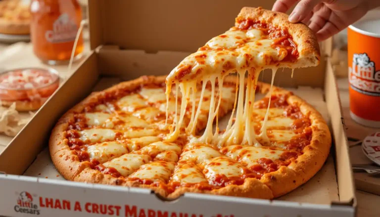 "Little Caesars Thin Crust Cheese Pizza with golden melted cheese and crispy crust in open branded box with visible Little Caesars logo"
