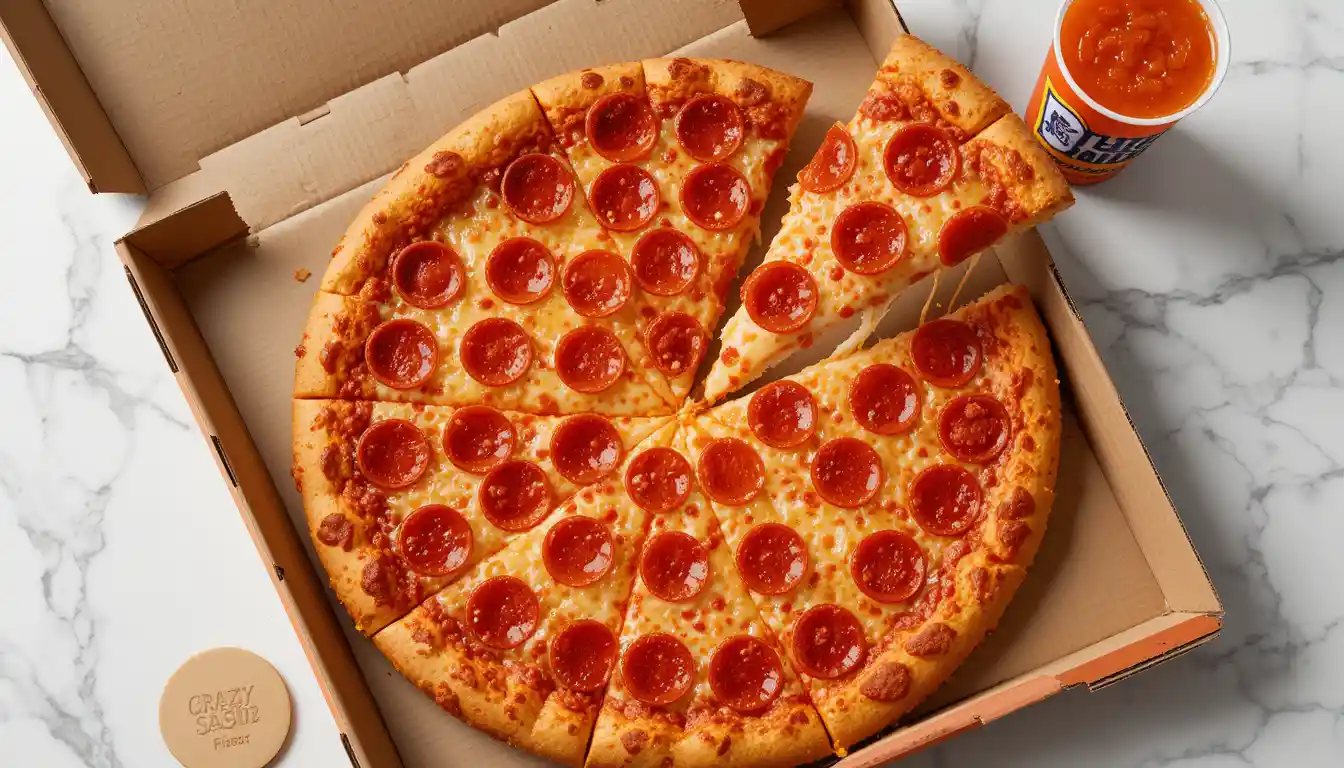 Little Caesars Thin Crust Pepperoni Pizza | 2025 1 "Little Caesars Thin Crust Pepperoni Pizza with crispy crust, melted cheese, and pepperoni in open box with visible Little Caesars logo"