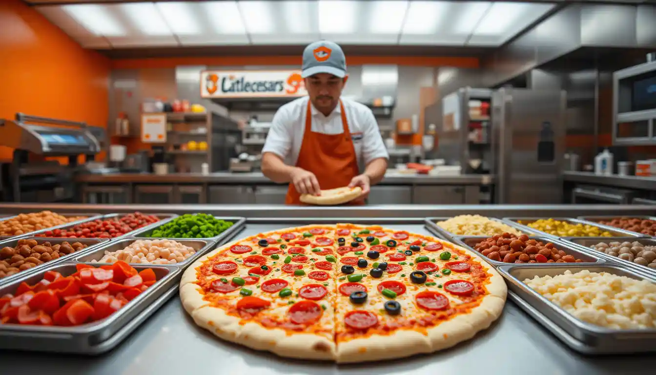 Little Caesars Toppings Menu and Best Combinations 2025 1 A variety of Little Caesars toppings including pepperoni, sausage, green peppers, mushrooms, onions, black olives, and cheese arranged on a prep counter with a partially topped pizza and branded interior in the background.