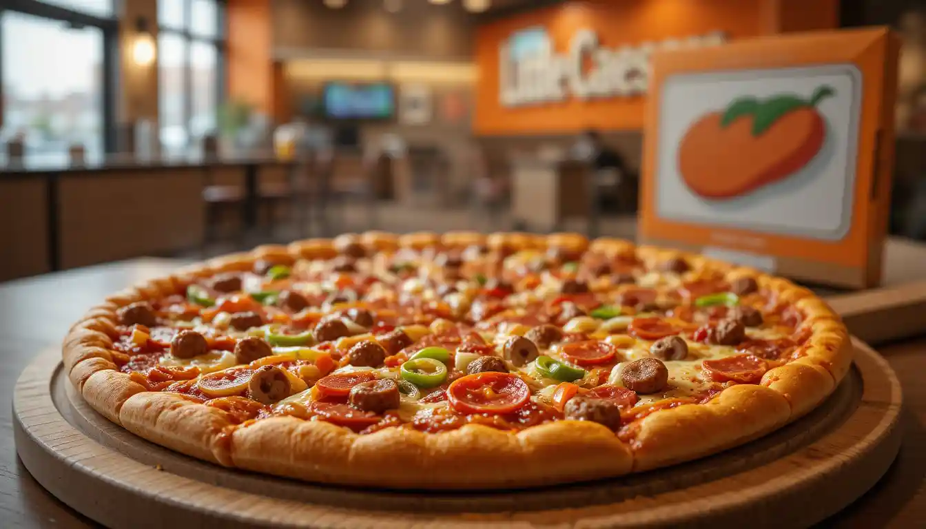 Little Caesars Ultimate Supreme Pizza | Toppings & Price 2025 1 little caesars Ultimate Supreme pizza with loaded toppings and brand logo inside restaurant