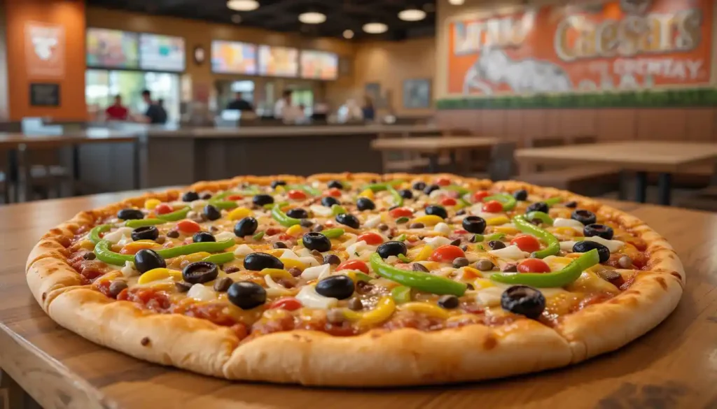 little caesars veggie pizza with fresh vegetable toppings and brand logo in restaurant setting