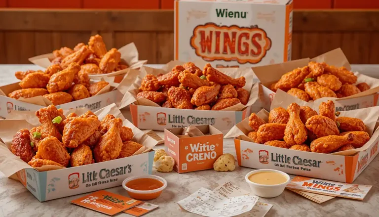 "Little Caesars Wings Menu with Buffalo, BBQ, and Garlic Parmesan wings in branded trays with dipping sauces and visible Little Caesars logo"
