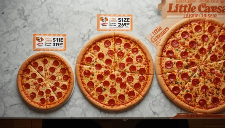 "Little Caesars pizza sizes comparison with small, medium, and large pepperoni pizzas side by side and visible Little Caesars logo"