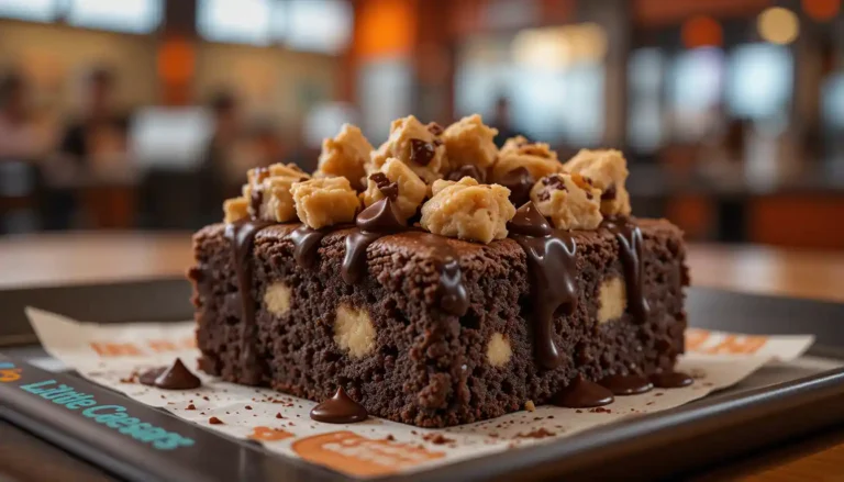 Little Caesars Cookie Dough Brownie topped with chocolate chip cookie dough pieces and chocolate drizzle, served fresh inside a branded restaurant setting.