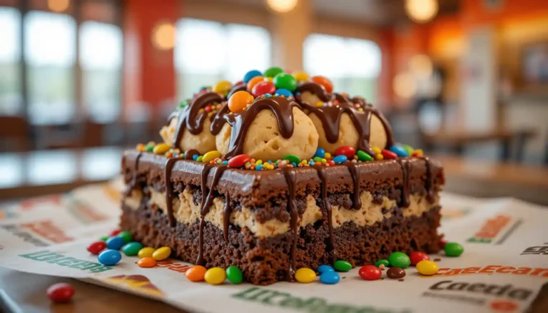 Little Caesars Cookie Dough Brownie with MMS MINIS topped with cookie dough and colorful candies, served fresh in branded packaging inside a restaurant setting.