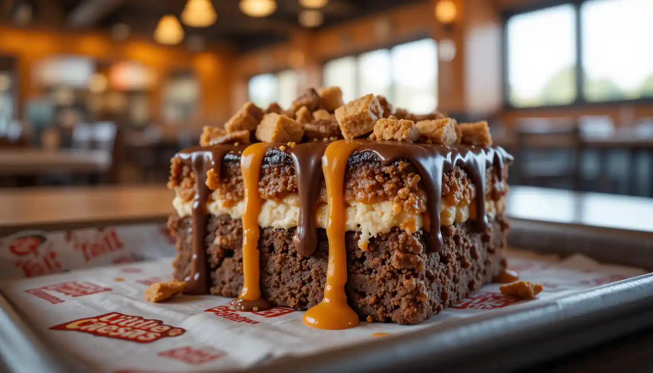 Little Caesars Cookie Dough Brownie with TWIX topped with cookie dough, caramel, and TWIX bar pieces, served fresh in branded packaging inside a restaurant.