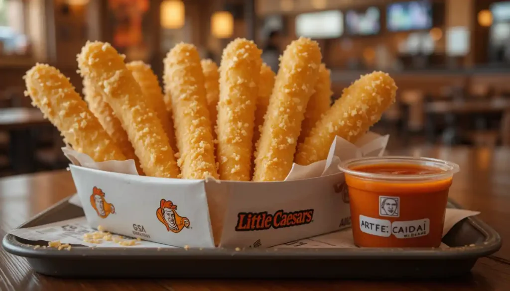 Little Caesars Crazy Bread brushed with garlic butter and parmesan, served hot with Crazy Sauce in branded packaging inside a casual restaurant setting.