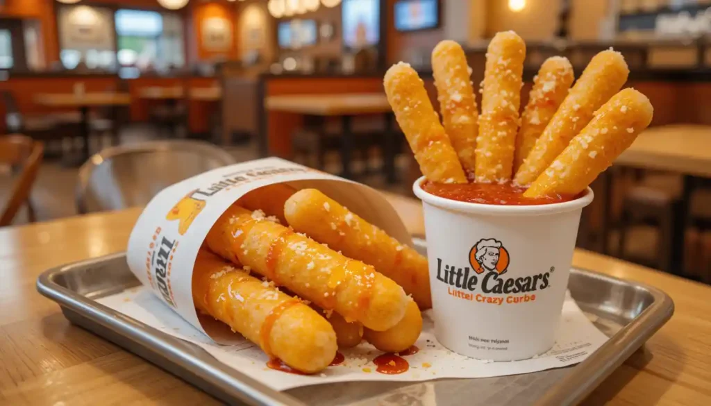 Little Caesars Crazy Combo with garlic butter breadsticks and marinara dipping sauce served in branded packaging inside a casual restaurant setting.