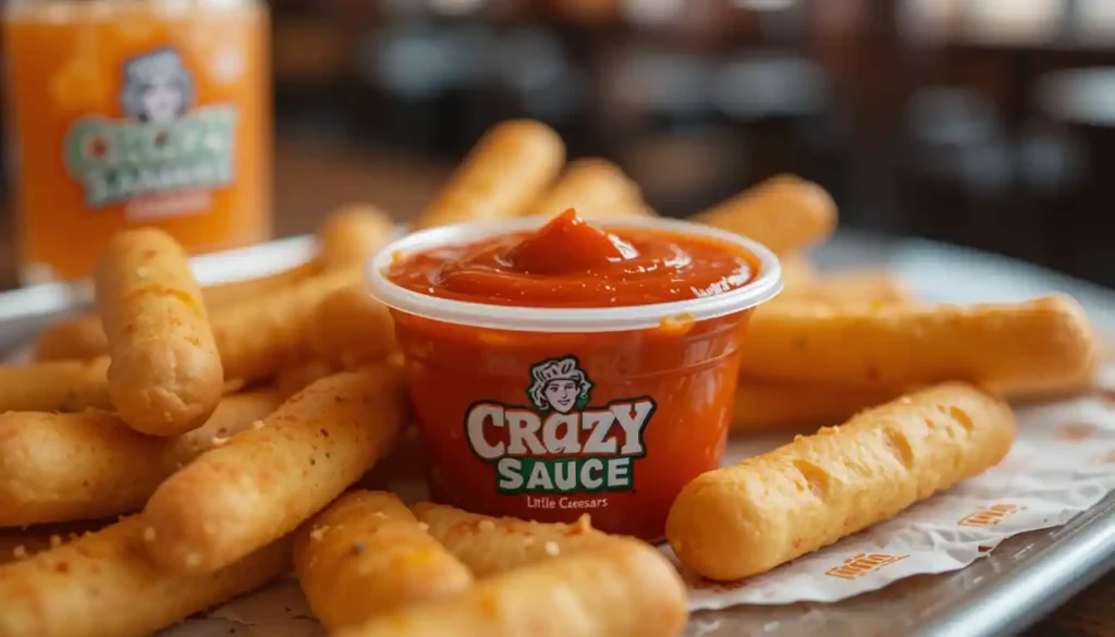 Little Caesars Crazy Sauce in a branded dipping cup, served with fresh Crazy Bread inside a warm and casual restaurant setting.
