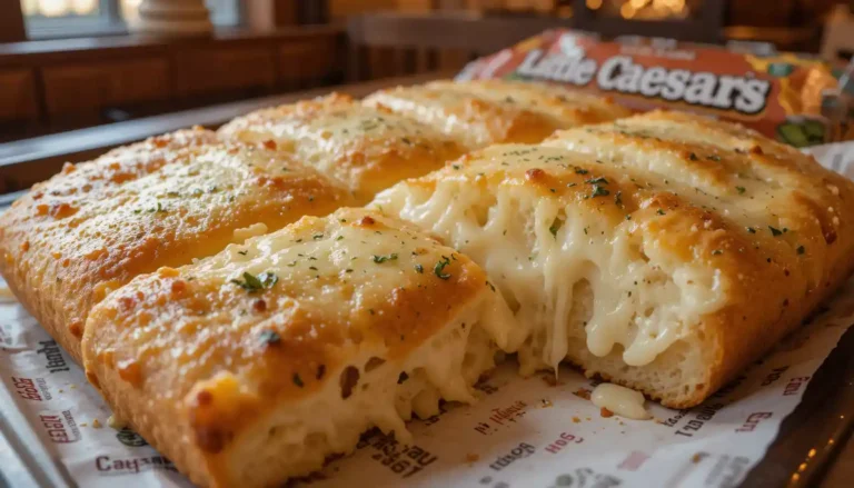 Little Caesars Italian Cheese Bread cut into rectangle-shaped slices with melted cheese and seasoning, served hot with marinara in branded packaging inside a restaurant.