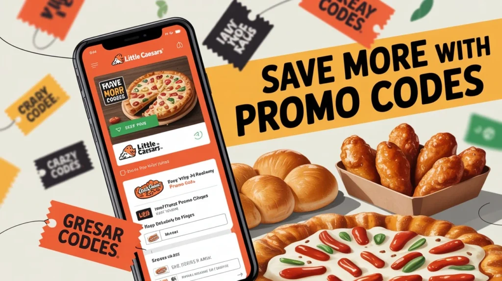 Little Caesars promo codes shown on a smartphone app with pizza, breadsticks, and wings offering discounts and deals.
