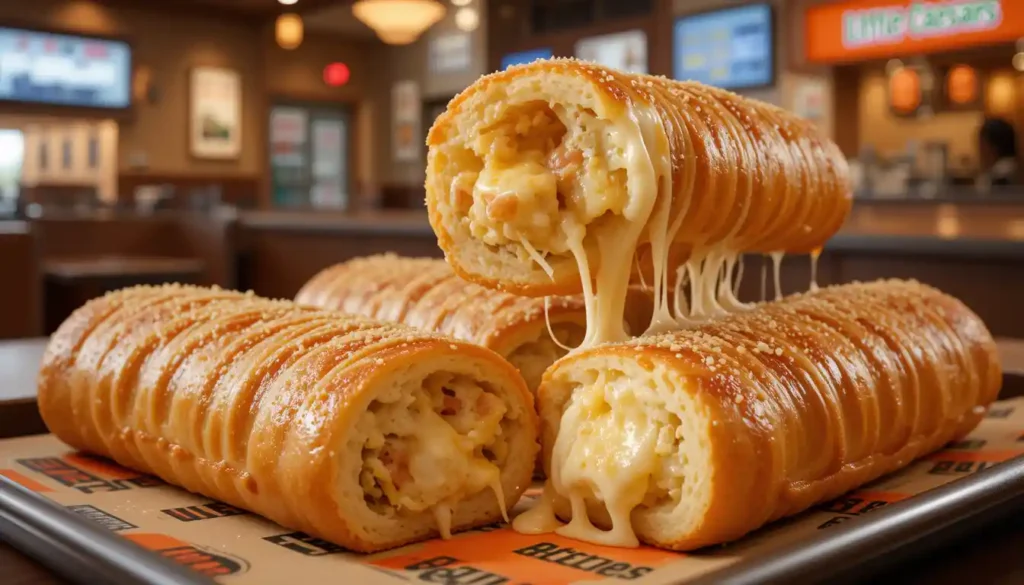 Little Caesars Stuffed Crazy Bread with melted cheese, garlic butter, and parmesan, served with marinara sauce inside a branded restaurant setting.