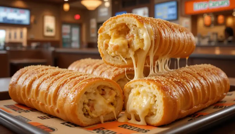 Little Caesars Stuffed Crazy Bread with melted cheese, garlic butter, and parmesan, served with marinara sauce inside a branded restaurant setting.