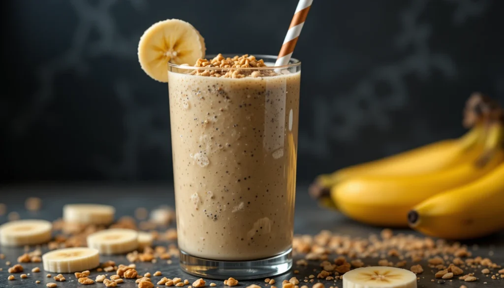 A tall glass of creamy peanut butter banana protein smoothie topped with granola, chia seeds, and a banana slice on the rim. A striped paper straw is inserted into the drink. The glass is placed on a dark surface with banana slices scattered around it. for nutritional table