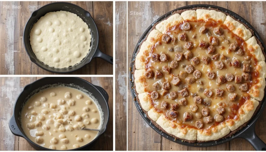 Sausage being cooked in skillet with creamy gravy preparation.