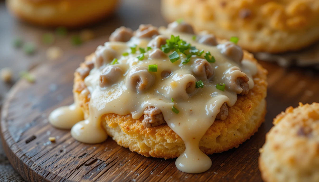 Homemade biscuit crust topped with sausage gravy and cheese.
