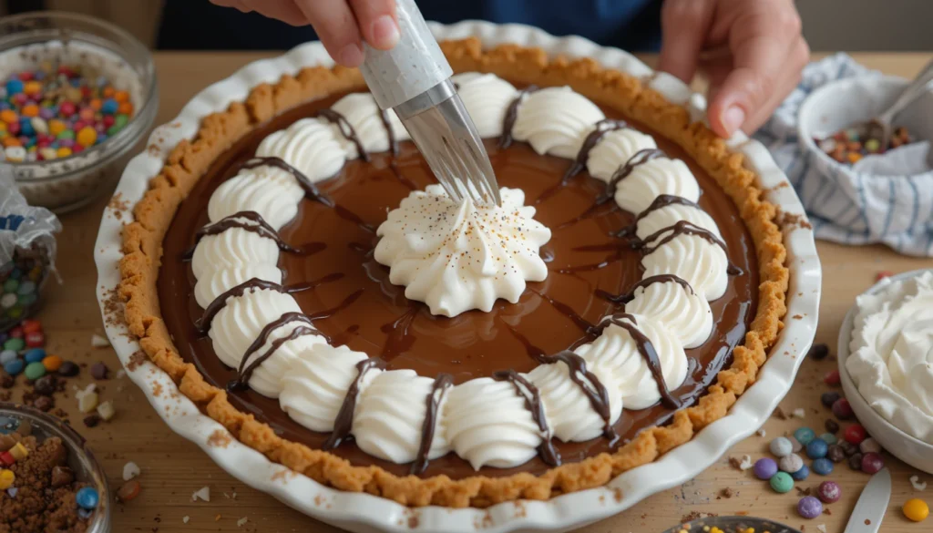 A rich caramel chocolate cream pie topped with whipped cream, chocolate drizzle, and caramel chunks on a white plate.
