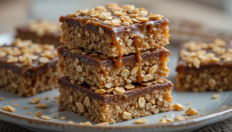 Stack of chewy caramel oat chocolate bars with melted chocolate and golden oats, gooey layers on a ceramic plate in natural light.