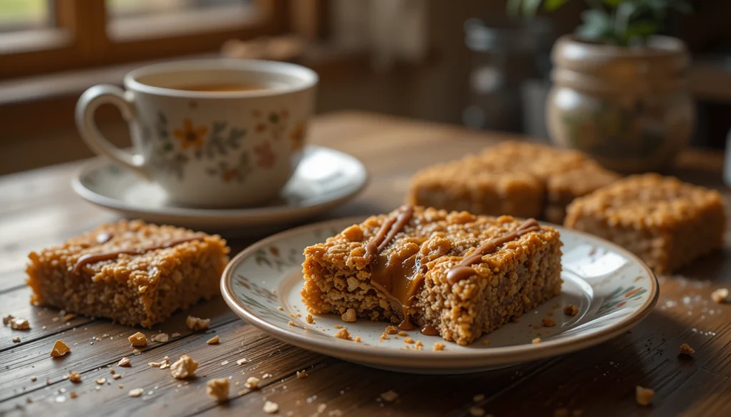 Caramel oat chocolate bar served on a plate with a cup of coffee, crumbs scattered, cozy morning kitchen setting.