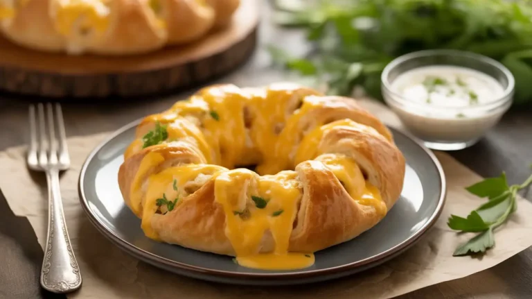 Overhead shot of a golden crescent ring filled with chicken, cheese, bacon, and green onions. Cheesy Chicken Crescent Ring Recipe
