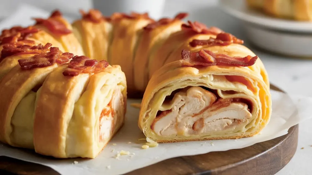 Crescent dough arranged in a ring with chicken and cheese filling in the center.