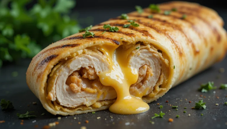 Cheesy grilled chicken wrap with golden tortilla, melted cheddar, and fresh parsley on a wooden board.