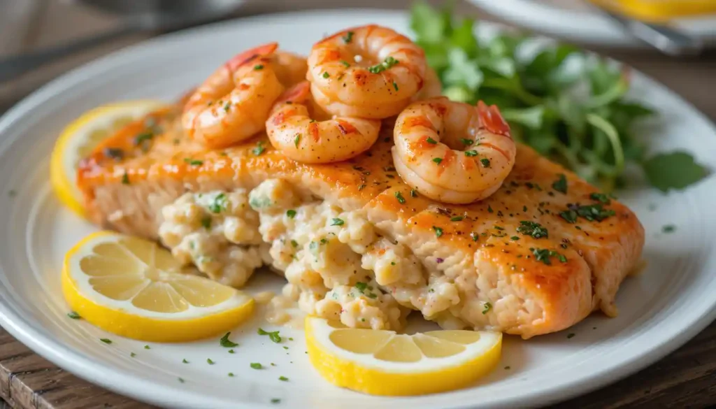 Crab and shrimp stuffed salmon fillet topped with melted cheese, garlic butter, and fresh parsley on a white plate with lemon slices.