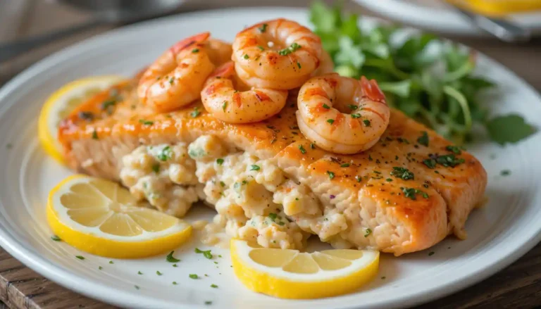 Crab and shrimp stuffed salmon fillet topped with melted cheese, garlic butter, and fresh parsley on a white plate with lemon slices.