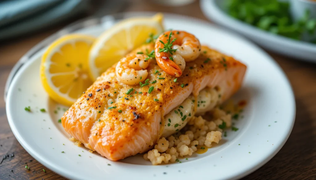 Crab and shrimp stuffed salmon served with lemon slices and parsley garnish.